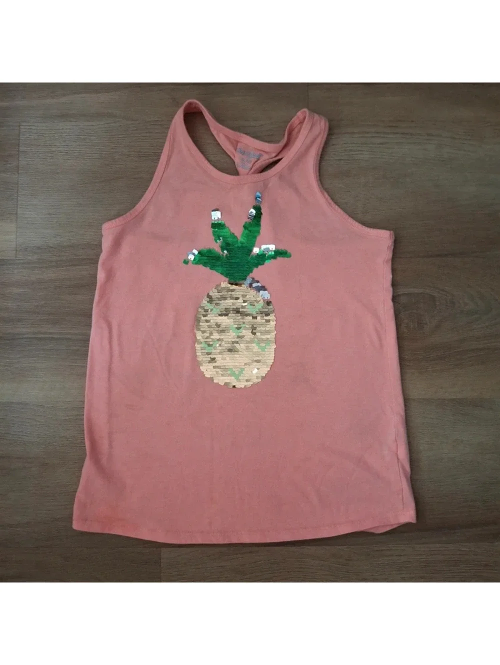 Summer! Cat & Jack Girls Size L 10/12 Peach Pink Flip Sequin Pineapple Tank Top